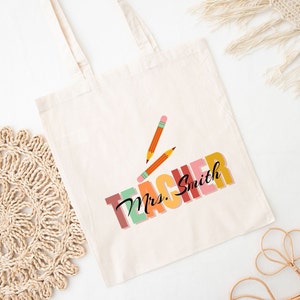 Pu&ograve; includere: Una borsa di tela bianca con il testo "Teacher" in colori arcobaleno e il nome "Mrs. Smith" in nero. Due matite sono mostrate sopra il testo.