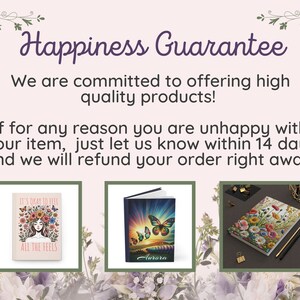 Puede incluir: La imagen presenta tres diarios con dise&ntilde;os florales y de mariposas. El texto "Garant&iacute;a de felicidad" y una declaraci&oacute;n de satisfacci&oacute;n del cliente se muestran encima de los diarios. Un diario dice "It's Okay to Feel All the Feels."