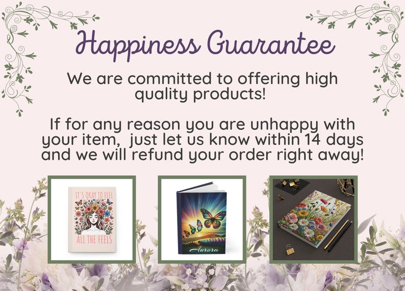 Puede incluir: La imagen presenta tres diarios con dise&ntilde;os florales y de mariposas. El texto "Garant&iacute;a de felicidad" y una declaraci&oacute;n de satisfacci&oacute;n del cliente se muestran encima de los diarios. Un diario dice "It's Okay to Feel All the Feels."