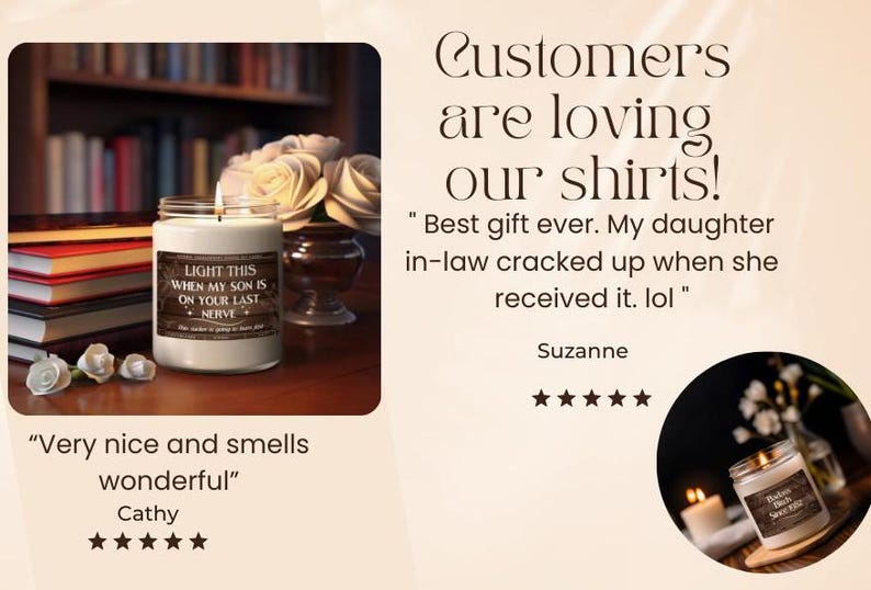 K&ouml;nnte beinhalten: Eine wei&szlig;e Kerze mit einem braunen Etikett, auf dem "Z&uuml;nde diese an, wenn mein Sohn dir auf die Nerven geht" steht. Die Kerze steht auf einer Holzoberfl&auml;che mit B&uuml;chern und Blumen im Hintergrund.