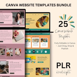 May include: A collection of Canva website templates shown on laptops, featuring a light pink and yellow design. The image includes the text "CANVA WEBSITE TEMPLATES BUNDLE", "25 Canva Website Templates", and "PLR Resell Rights".