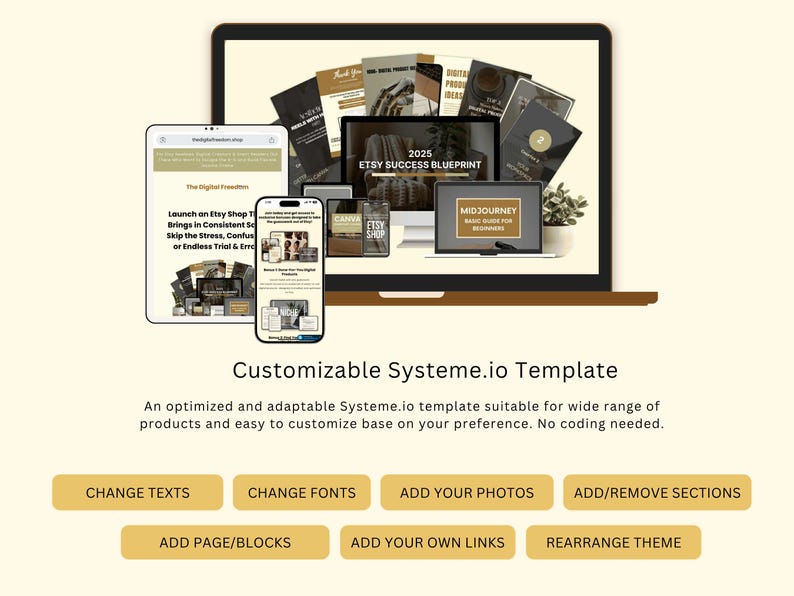 Pode incluir: Um modelo de marketing digital exibido em um laptop, tablet e smartphone. Os dispositivos mostram os recursos do modelo, incluindo personaliza&ccedil;&atilde;o de texto e fontes. O texto diz "Customizable Systeme.io Template."