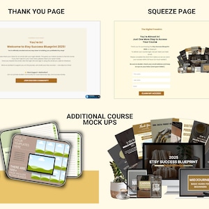Pode incluir: Imagem mostrando mockups de produtos digitais para um plano de sucesso no Etsy. Inclui uma p&aacute;gina de agradecimento, uma p&aacute;gina de destino e mockups de cursos adicionais. O texto inclui "Etsy Success Blueprint 2025" e "Midjourney Basic Guide for Beginners".