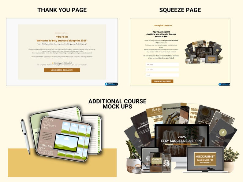 Pode incluir: Imagem mostrando mockups de produtos digitais para um plano de sucesso no Etsy. Inclui uma p&aacute;gina de agradecimento, uma p&aacute;gina de destino e mockups de cursos adicionais. O texto inclui "Etsy Success Blueprint 2025" e "Midjourney Basic Guide for Beginners".