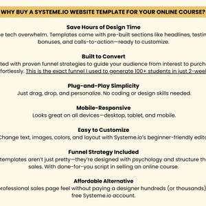 Pode incluir: Gr&aacute;fico creme com texto que promove modelos de sites Systeme.io para cursos online. O texto destaca recursos como economia de tempo de design, estrat&eacute;gias de convers&atilde;o integradas e simplicidade.