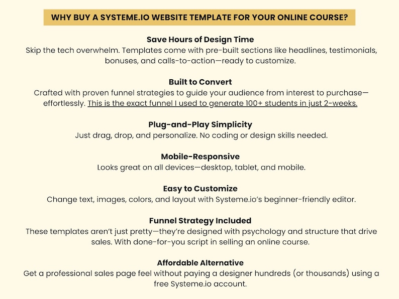 Pode incluir: Gr&aacute;fico creme com texto que promove modelos de sites Systeme.io para cursos online. O texto destaca recursos como economia de tempo de design, estrat&eacute;gias de convers&atilde;o integradas e simplicidade.