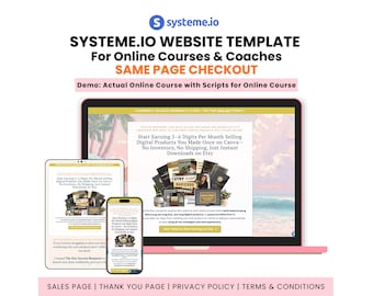 Modelo de site Systeme.io com checkout em uma única página para produtos digitais, funil de vendas Systeme.io, oferta de baixo custo, página de destino personalizável.