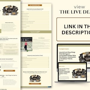 Pode incluir: Layout do site com o texto "Launch an Etsy Shop That Brings in Consistent Sales Skip the Stress, Confusion, or Endless Trial & Error!" e "LINK IN THE DESCRIPTION." O layout &eacute; exibido em um laptop, tablet e telefone.