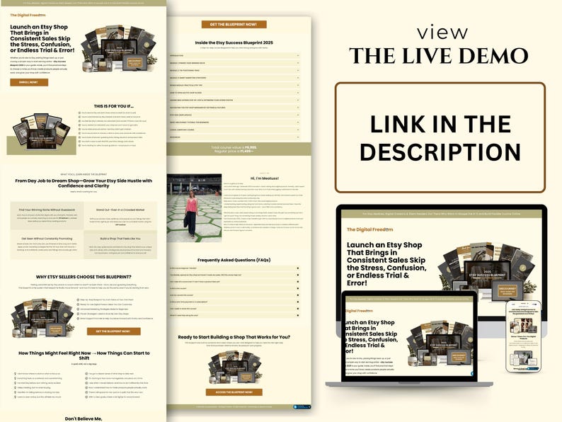 Pode incluir: Layout do site com o texto "Launch an Etsy Shop That Brings in Consistent Sales Skip the Stress, Confusion, or Endless Trial & Error!" e "LINK IN THE DESCRIPTION." O layout &eacute; exibido em um laptop, tablet e telefone.
