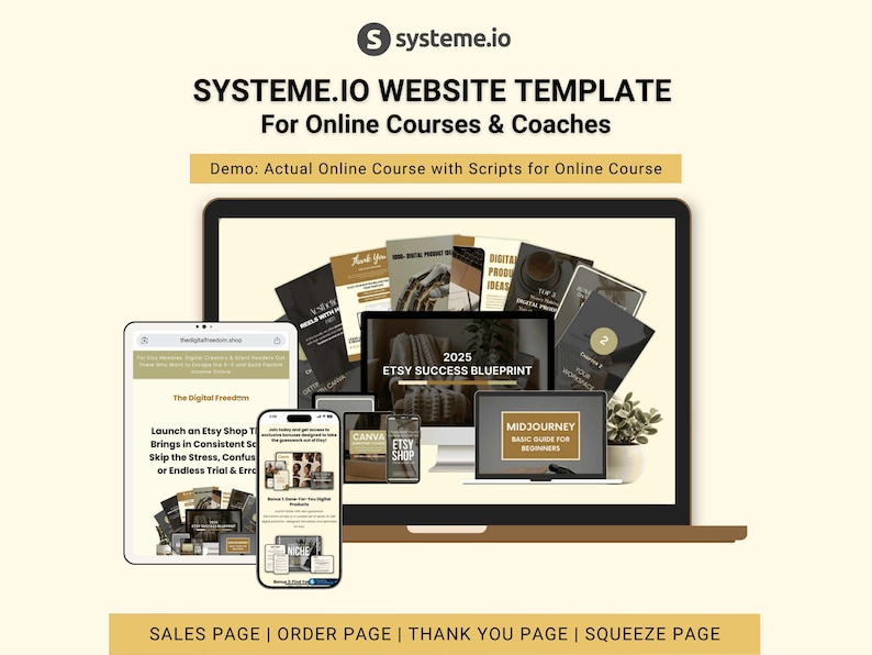 Pode incluir: Um modelo de marketing digital para cursos e treinadores online, com um laptop, tablet e smartphone exibindo p&aacute;ginas da web. A imagem inclui o texto "SYSTEME.IO WEBSITE TEMPLATE" e "ETSY SUCCESS BLUEPRINT".