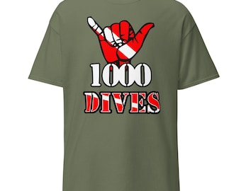 Camiseta de mergulho Hang Loose 1000 mergulhos com bandeira de mergulhador para baixo