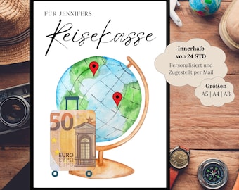 Money gift travel fund for birthday | Travel gift adventure | Holiday fund globe | Travel voucher personalized to print