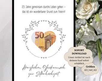 Regalo de bodas de plata por 25 años de matrimonio | Regalo de dinero por bodas de plata | Regalo para los novios | Póster de boda con dinero