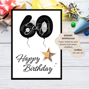 Cadeau en argent pour le 60e anniversaire | Ballons cadeaux grand-mère et grand-père | Cadeau d'anniversaire à imprimer | idée cadeau créative pour femme ou homme