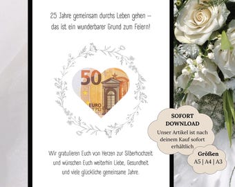 Regalo de dinero por bodas de plata | Regalo para los novios | Regalo de bodas de plata por 25 años de matrimonio | Póster de boda con dinero