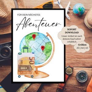 Fondo di viaggio con regalo in contanti per il compleanno | fondo per le vacanze | Regala un globo d'avventura | regalo di compleanno | soldi del buono viaggio