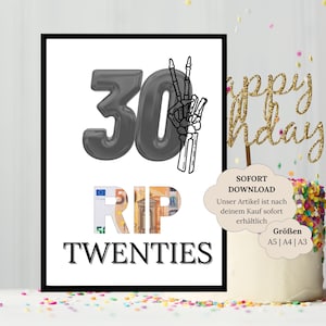 Don en espèces 30e anniversaire | Cadeau RIP Twenties à imprimer | Cadeau d'anniversaire fille garçon | idée cadeau créative argent
