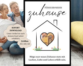 Könnte beinhalten: Ein gerahmter Druck mit schwarzem Rand zeigt eine Hausumrisszeichnung mit einem herzförmigen Ausschnitt, der einen 50-Euro-Schein enthält. Der Text "FÜR EUER NEUES zuhause" steht oben. Der Text unten lautet "Möge euer neues Zuhause stets mit Lachen, Liebe und Leben erfüllt sein."