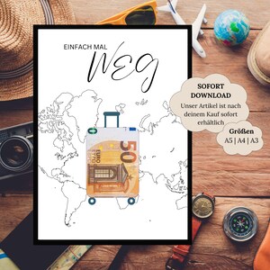 Geld cadeau reisfonds voor verjaardag | Reischeque | Reiscadeau Avontuur | Reisposter Koffer | Verjaardagscadeau DIY vakantie