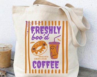 Spooky iced coffee Halloween book bag, Pumpkin spice striped tote, Coffee and ghost bag