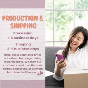 May include: Text on a light pink background reads "PRODUCTION & SHIPPING" with processing and shipping time estimates. A smiling person holds a phone, with a box in the foreground.