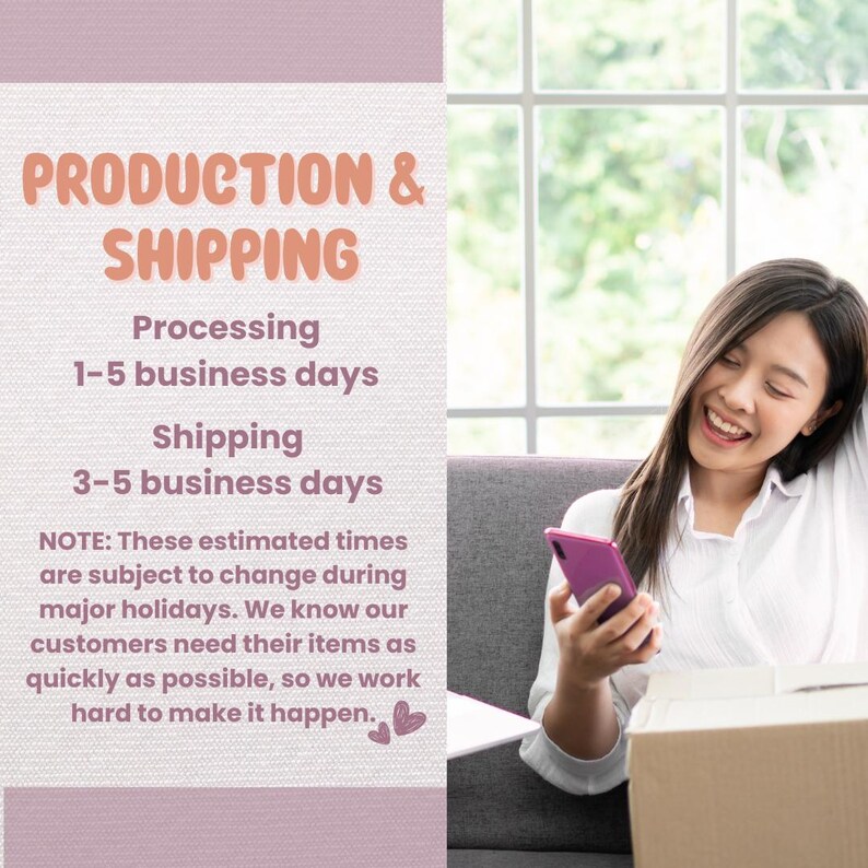 May include: Text on a light pink background reads "PRODUCTION & SHIPPING" with processing and shipping time estimates. A smiling person holds a phone, with a box in the foreground.