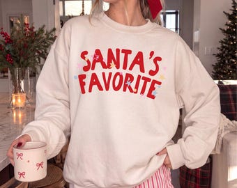 Sudadera navideña favorita de Papá Noel, sudadera divertida de cuello redondo para mujer, sudadera navideña rosa