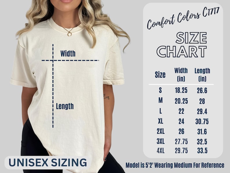 May include: Unisex sizing chart for a t-shirt in sizes S through 4XL. The chart shows the width and length of the shirt in inches. The model is wearing a size Medium.