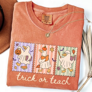 May include: A coral-colored t-shirt with the words "trick or teach" printed on the front. The shirt features three postage stamp-style graphics of cartoon ducks in Halloween costumes. A gold necklace rests on the shirt.