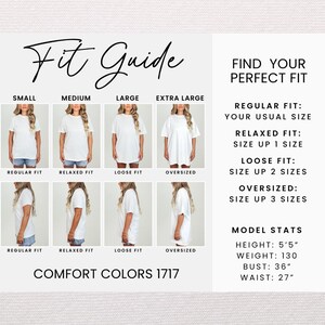 May include: A fit guide graphic with the text "Fit Guide" and "Find Your Perfect Fit." It shows how t-shirts fit in small, medium, large, and extra-large sizes. The model's height is 5'5", weight is 130 lbs, bust is 36", and waist is 27".