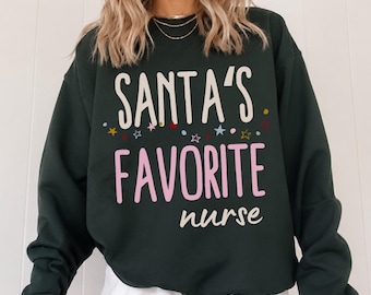 Sudadera navideña de la enfermera favorita de Santa, linda sudadera navideña de enfermera titulada