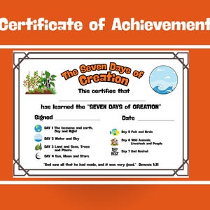 May include: Certificate of Achievement with text "The Seven Days of Creation." The certificate lists the seven days of creation with illustrations of the earth, sky, land, sun, moon, stars, fish, birds, animals, and people.