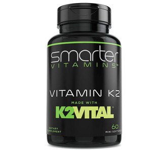 May include: A black bottle with a green label that says "Smarter Vitamins" and "Vitamin K2 Made with K2Vital". The bottle has a white label that says "Dietary Supplement" and "60 Mini Softgels".
