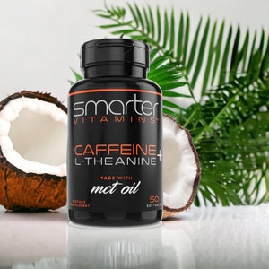 May include: A black bottle of Smarter Vitamins Caffeine + L-Theanine dietary supplement with 50 softgels. The bottle is labeled "Made with MCT Oil".