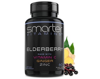SmarterVitamins · Elderberry + Vitamin C + Ginger & Zinc · Herbal Supplement for Immune Support · Plant Based Capsules · Made in USA