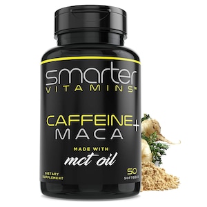 May include: Black bottle of Smarter Vitamins Caffeine + Maca dietary supplement with 50 softgels. The bottle has a yellow label with white text. The label says "Smarter Vitamins", "Caffeine + Maca", "Made with MCT Oil", and "Dietary Supplement". There is a small image of maca root and leaves on the bottle.