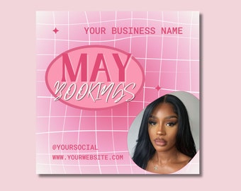 May Bookings Flyer, Spring Book Now Appointments Beauty Hair Lashes Wigs Make Up Nails Social Media Canva Flyer Template