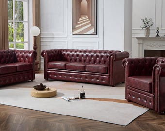 Chesterfield ox red faux leather sofa set suites settee 3 2 1 seater armchair brown