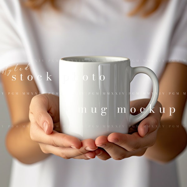 White Mug Mockup, Female Model Holding Cup, Boho Coffee Mug Photo, Digital Download JPEG, Print on Demand Display, Stock Photo, Etsy Sellers