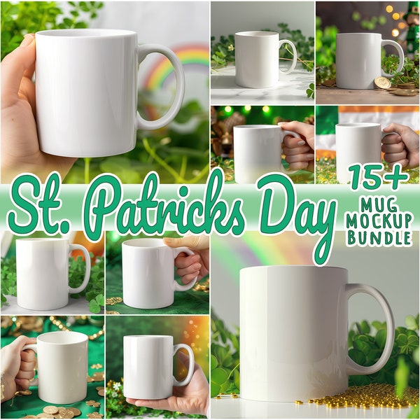St. Patrick's Day Mug Mockup Bundle, White Coffee Cup with Shamrocks & Leprechaun, Instant Digital Download, Irish-Themed Stock Photo Set