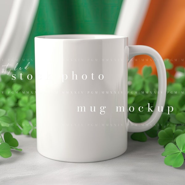 St. Patrick's Day Mug Mockup, Irish Theme Coffee Cup Template, White Mug Stock Photo, Instant Download JPG, Digital Product, Product Display