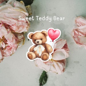 Kokette Teddybär Aufkleber, Teddybär mit Ballon für Journal, Teddy Kindle Aufkleber, Vintage Bär Holographischer Aufkleber, niedliches Scrapbooking