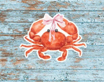 Crab With Pink Bow Sticker, Coquette Crab, Vinyl Sticker for Waterbottle, Sea Life Vibes, Cute Sticker for Kindle, Nautical Sticker