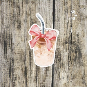 Eiskaffee Aufkleber, Kokette gestanzte Aufkleber, Kaffee mit rosa Schleife Aufkleber, Vinyl Latte Aufkleber, Kindle Aufkleber, Kaffee-Liebhaber-Aufkleber