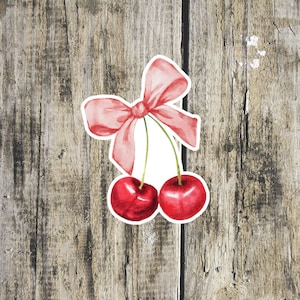 Cherry Sticker, Cute Sticker, Vinyl Coquette Decal, Kindle Decor, Pink Bow Sticker, Waterproof Fruit Sticker, Water Bottle Sticker