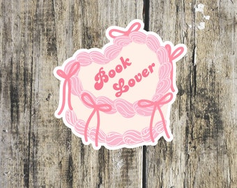 Book Lover Cake Sticker, Coquette Sticker for Kindle, Bookish Gift, Cute Vinyl Sticker, Waterproof Sticker, Pink Vintage Cake Sticker