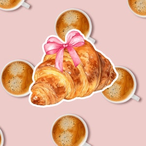 Kokette Croissant Aufkleber, Rosa Schleife Gebäck Scrapbook Aufkleber, Bäckerei Aufkleber für Journal, Kokette Kindle Aufkleber, Cafe Vinyl Aufkleber