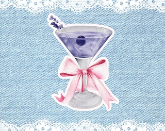 Coquette Martini Sticker, Girl Martini, Pink Bow Sticker, Mocktails Sticker, Kindle Sticker, Cute Sticker, Girl Gift, Waterproof Sticker