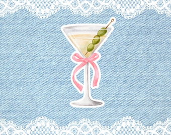 Martini Vinyl Sticker, Pink Bow, Coquette Waterproof Sticker