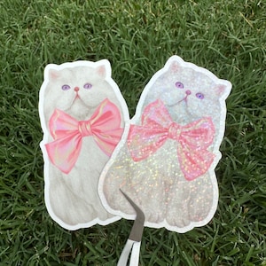 Cat Sticker, Coquette Kitty Sticker, Waterproof Sticker, Water Bottle Sticker, Laptop Decal, Cat Lover Sticker, Pink Bow Sticker